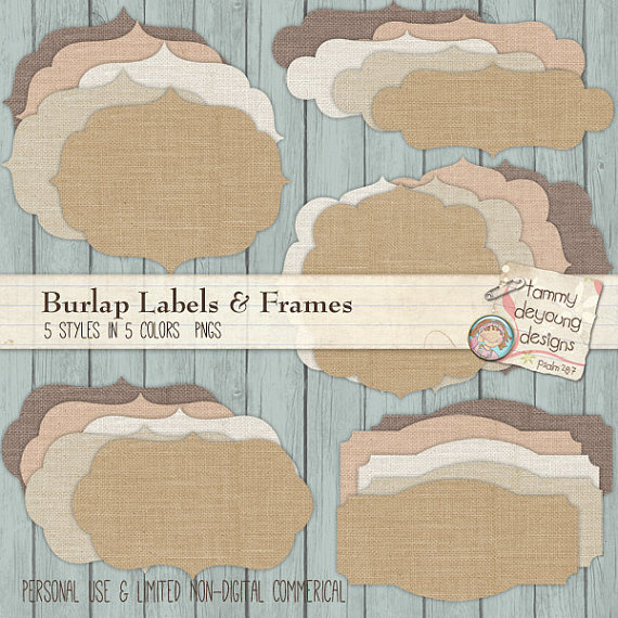Digital Burlap Labels   Frames Clip Art Perfect For Shabby Cottage    