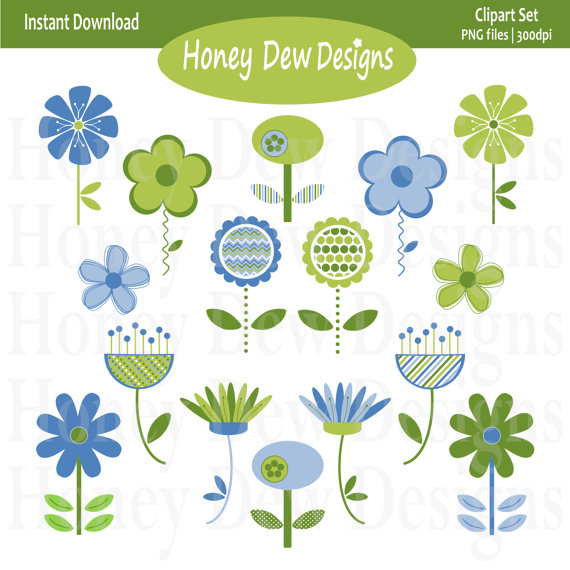Instant Download   Clipart Package 166   Blue And Green Flower Clipart