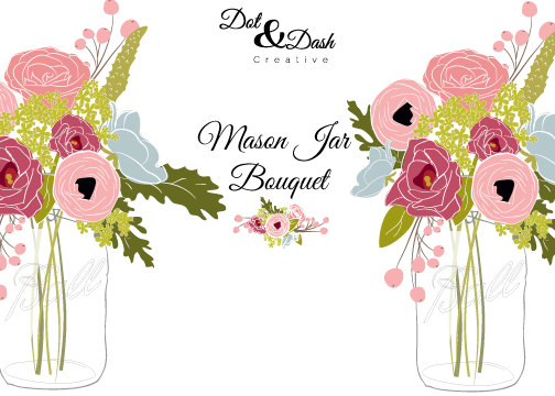 Peony Mason Jar Bouquet Digital Clip Art By Dotanddashcreative