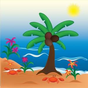 Beach Clipart Image   Coconut Tree Crabs Tropical Flowers All Under
