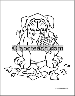 Clip Art  Cartoon Dog Eating Homework  Coloring Page    Preview 1