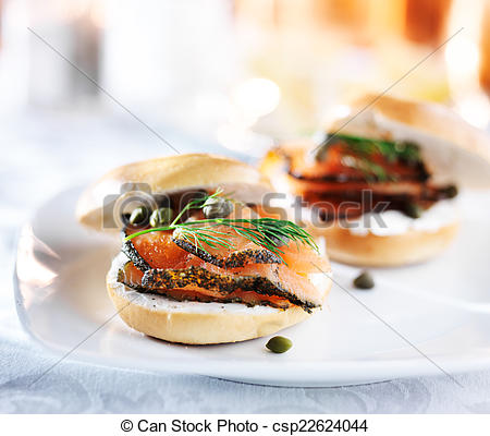 Stock Photo Of Two Mini Bagels With Salmon Cream Cheese Capers And