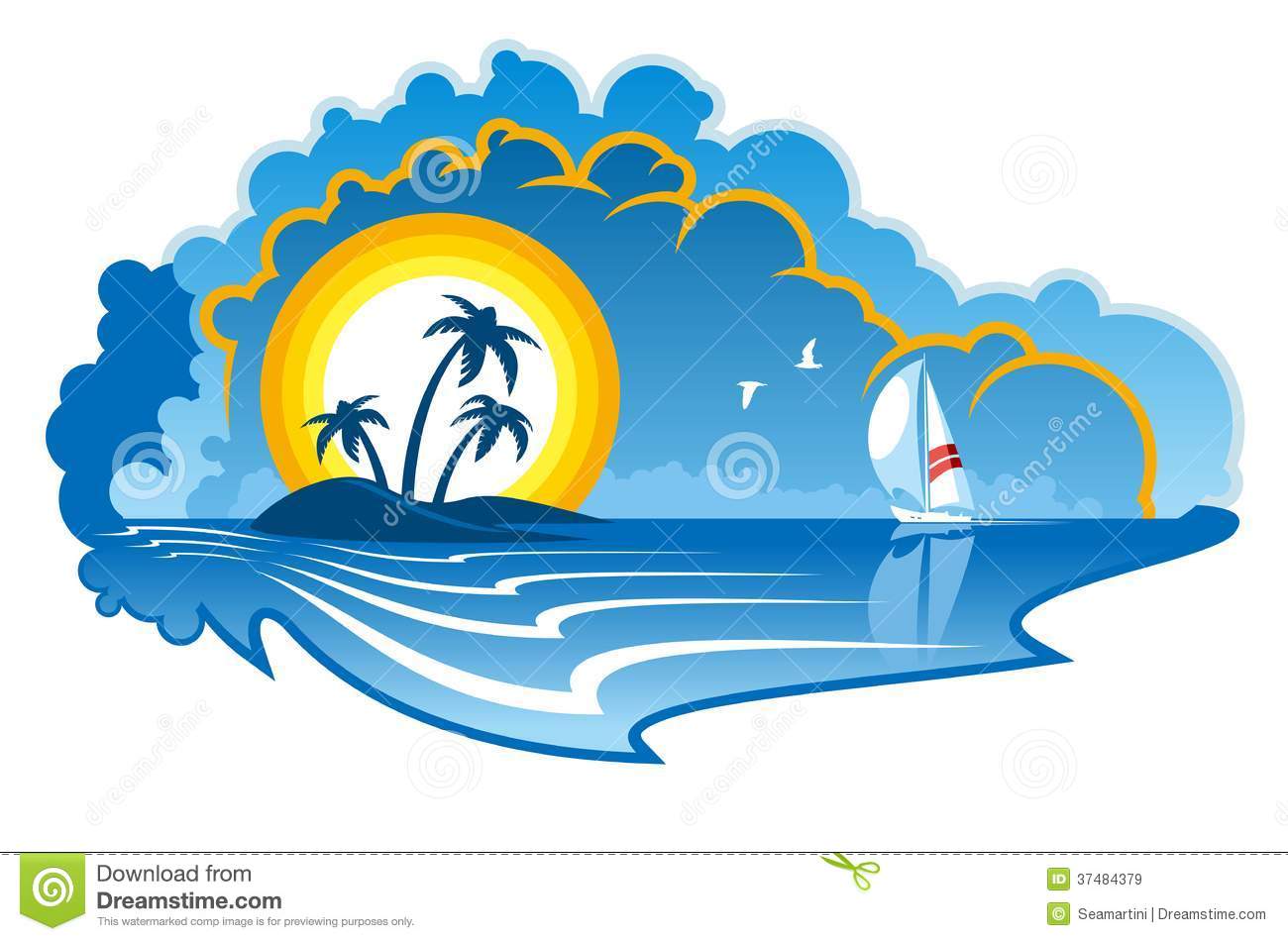Vector Cartoon Illustration Of An Idyllic Tropical Island With Palm