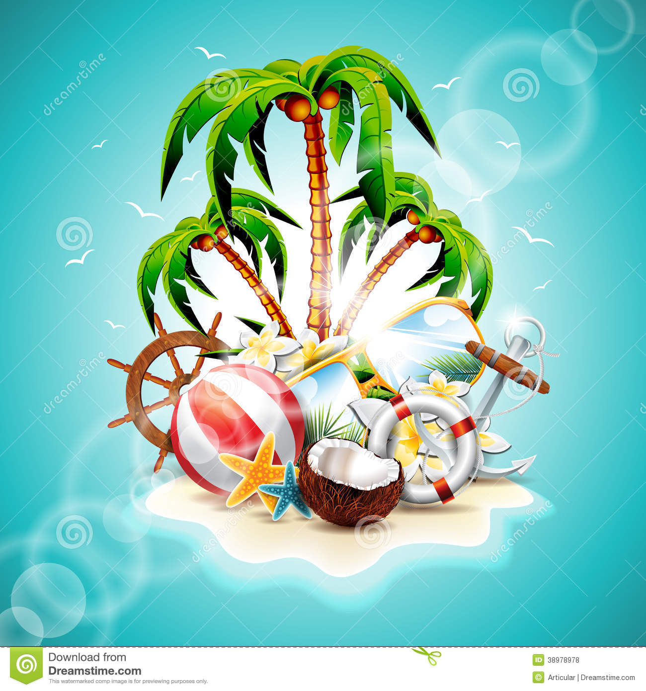 Vector Illustration On A Summer Holiday Theme With Paradise Island On