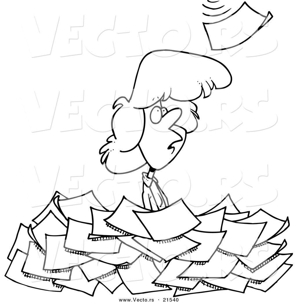 Cartoon Woman Standing In A Pile Of Paperwork   Outlined Coloring Page