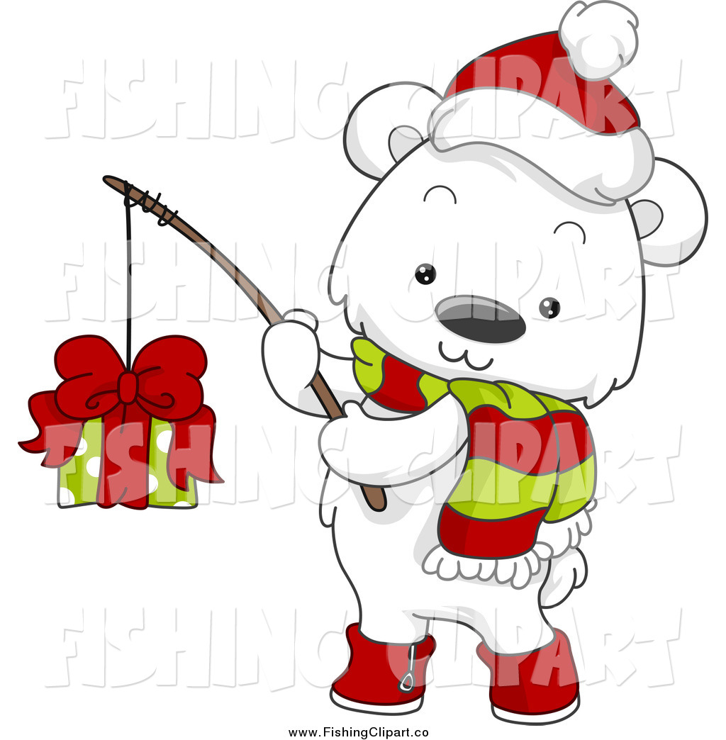 Clip Art Of A Christmas Polar Bear Holding A Gift On A Fishing