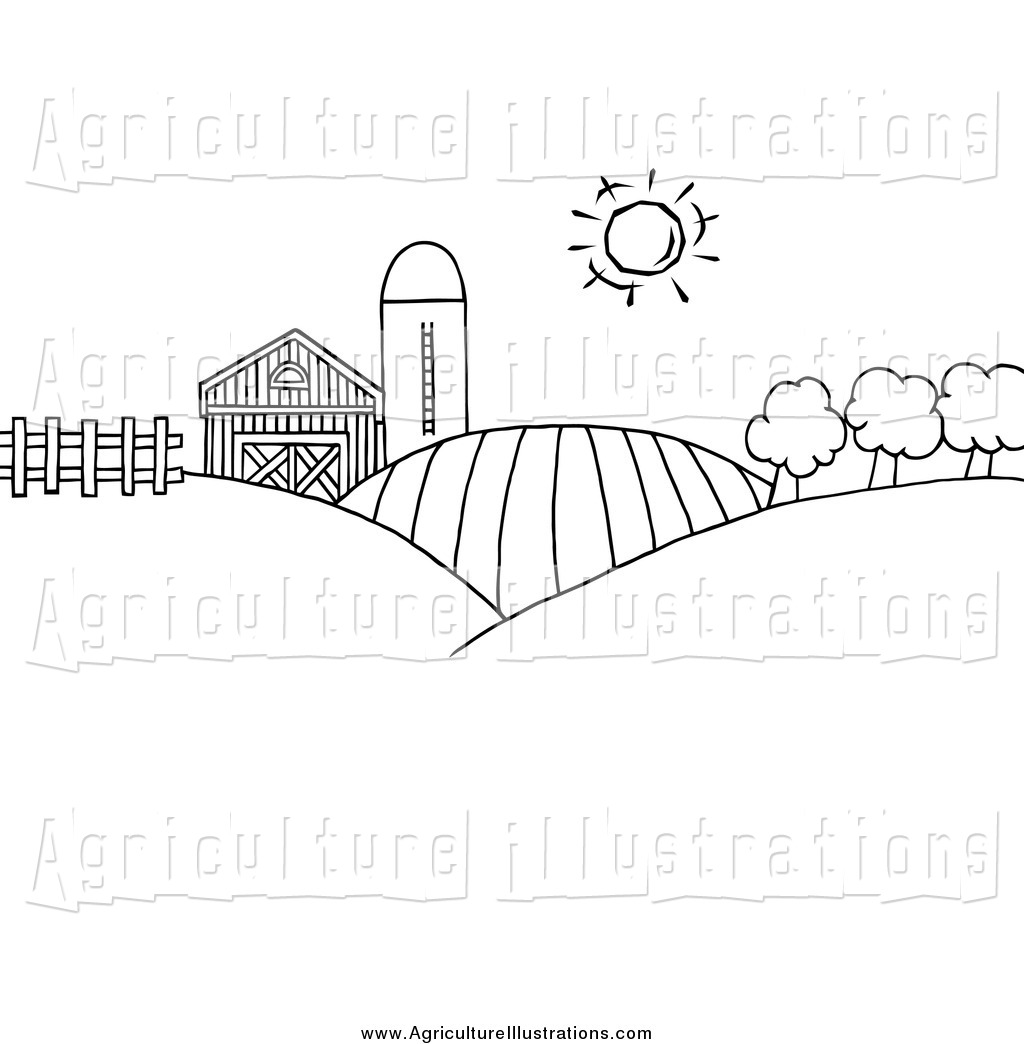Clipart Of Black And White Rolling Hills A Farm And Silo On Farm Land