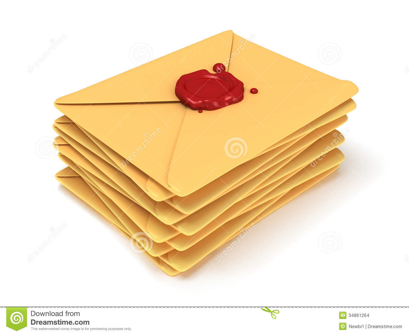 Pile Of Blank Mail Envelope With Red Wax Seal Over White Background  E    
