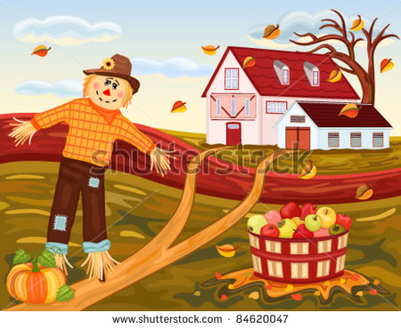 At The Farm  With Cute Scarecrow Tasty Pumpkin And Apples Harvest    