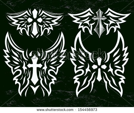 Cross And Wings Vector Set   Stylized Cross And Angel Wings   Grunge
