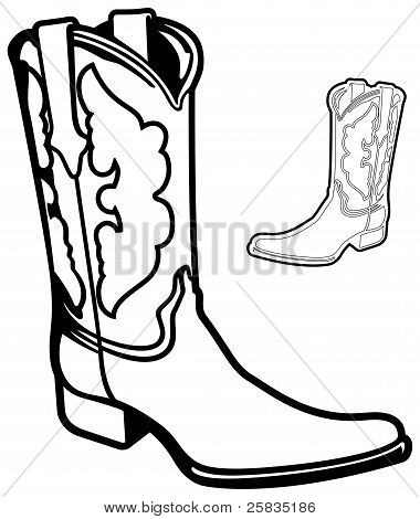 Black And White Vector Illustration Of A Cowboy Boot With A Simple