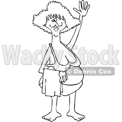 Clipart Outlined Middle Aged Woman Waving In A Bikini   Royalty Free