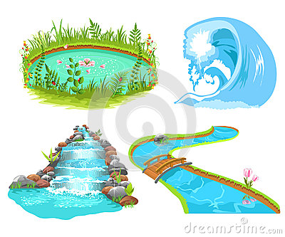 Examples Of Water Pond Wave Brook Isolated On A White Background