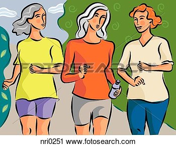 Illustration Of Three Middle Aged Women Jogging Down A Path View Large