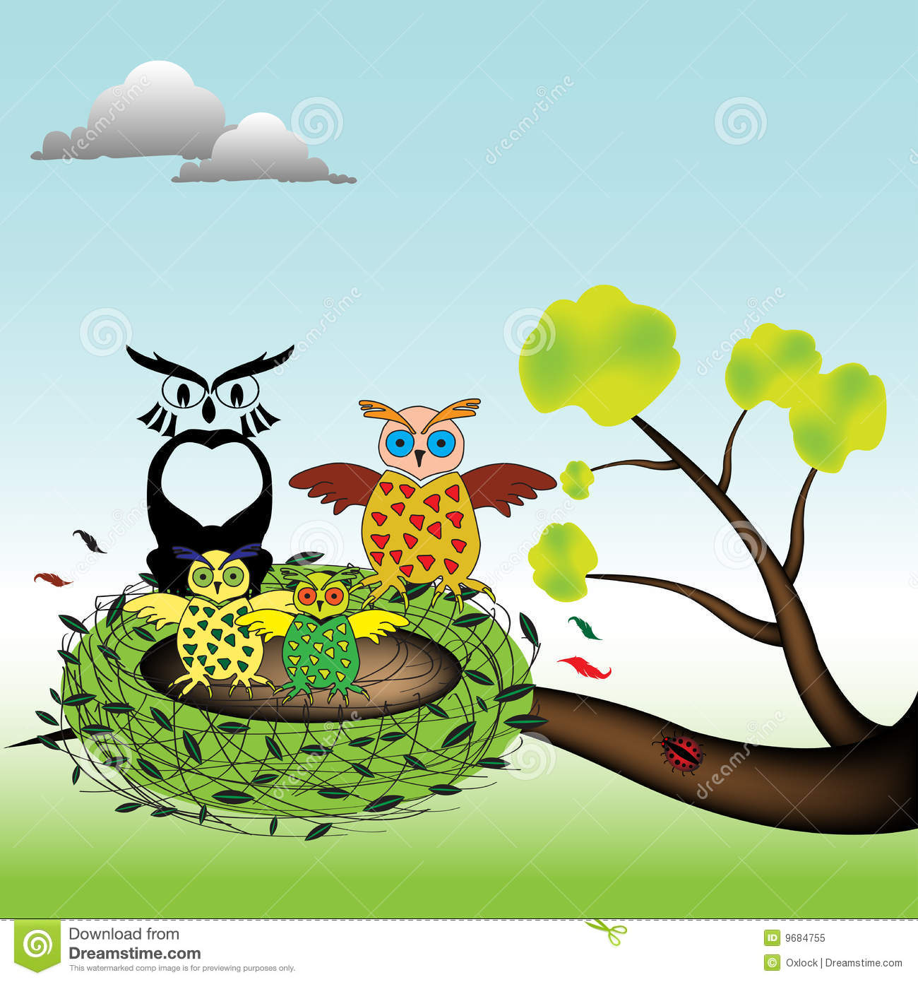 Colorful Illustration With Clouds And An Owl Family In A Nest