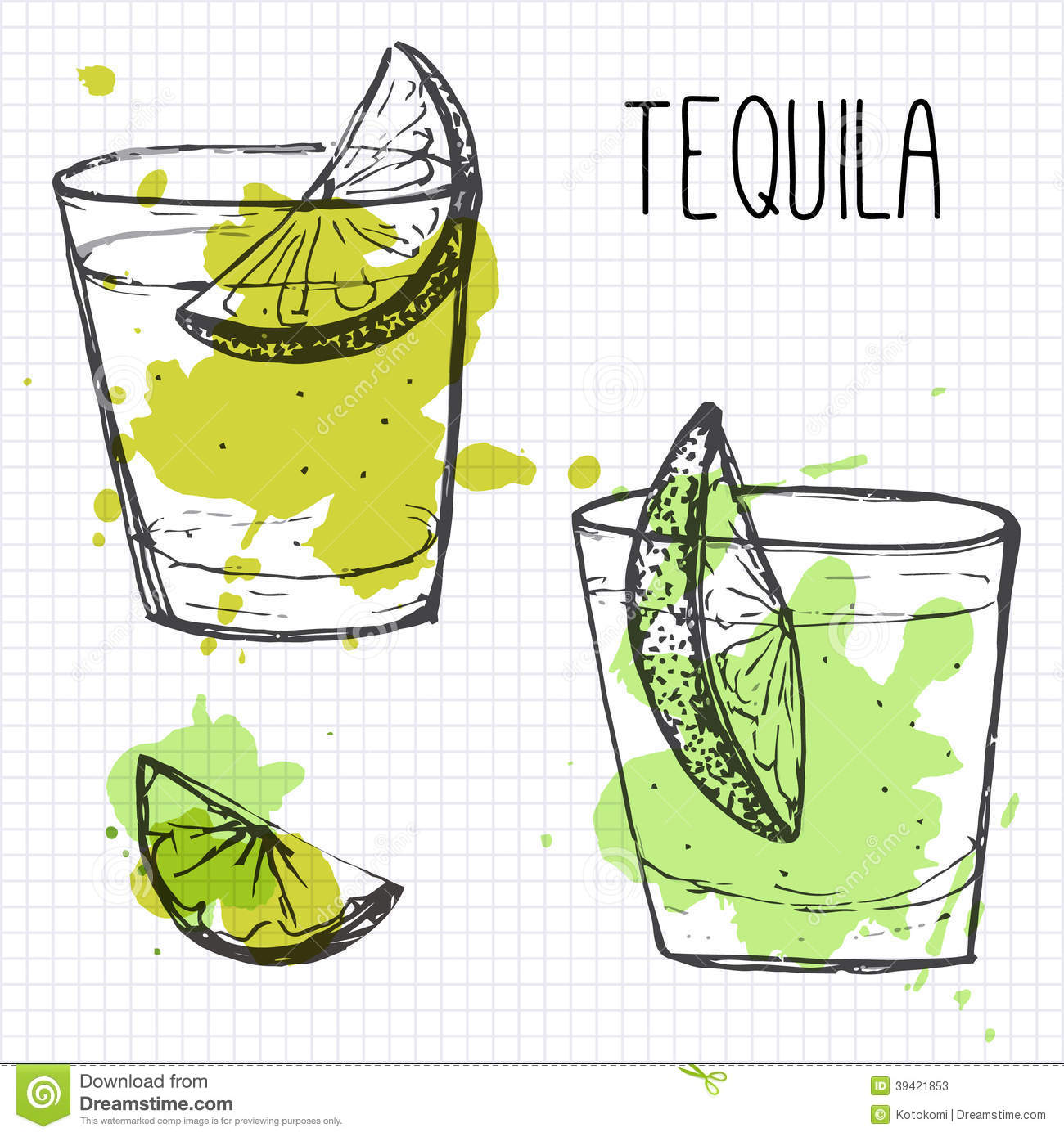 Set Of Two Cocktail Shots With Lime Segments  Sketch And Watercolor
