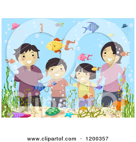 Asian Family Viewing Fish At An Aquarium   Royalty Free Vector Clipart