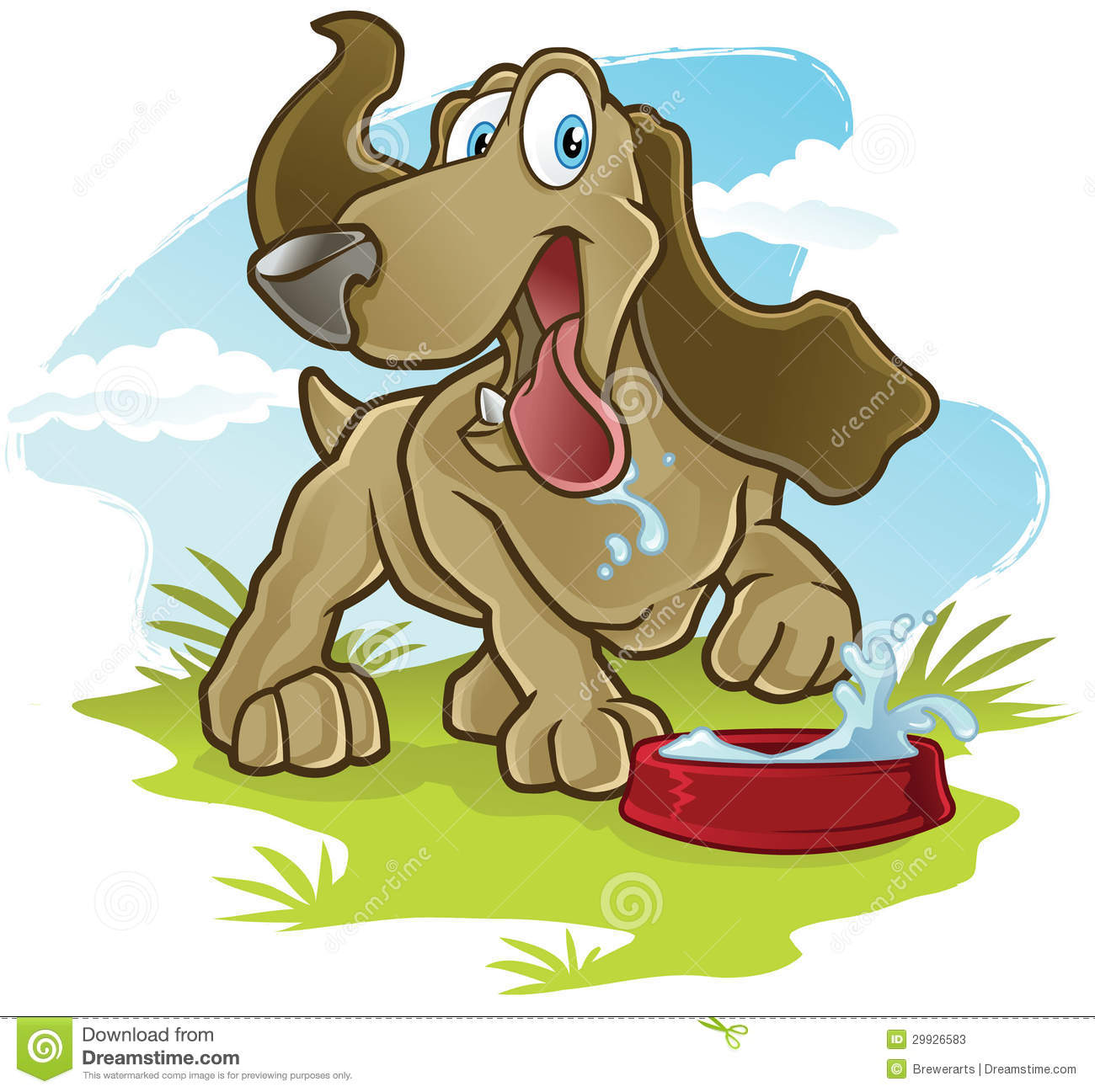 Childrens Cartoon Illustration Of A Dog Drinking Water