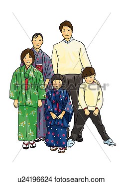 Drawings Of Portrait Of Japanese Family Female In Kimono Front View