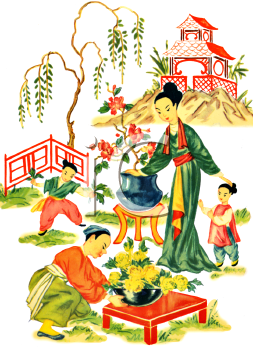 Japanese Scene Of A Family In The Garden   Royalty Free Clip Art