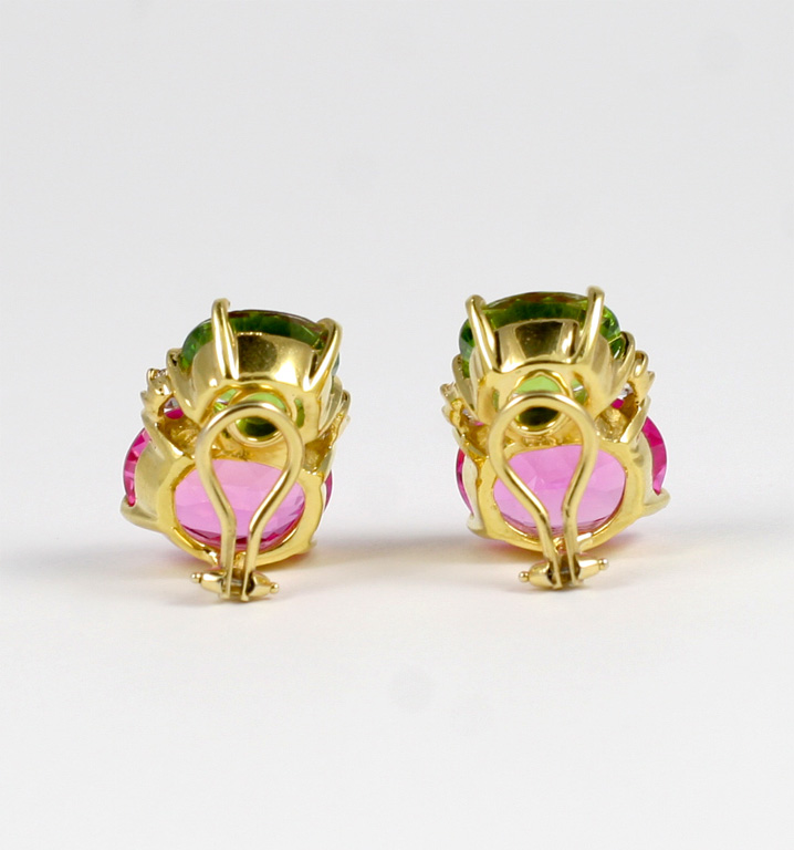 Large 18kt Yellow Gold Gum Drop Earrings With Peridot And Pink Topaz    