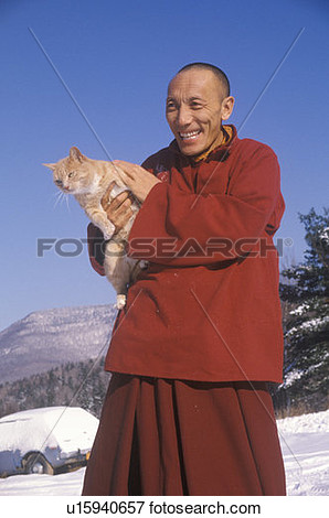 Picture   Tibetan Monk Pets Cat At Tibetan Monastery  Fotosearch