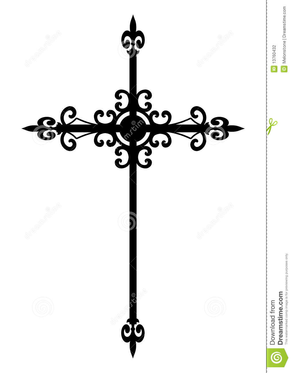 Religious Ornate Metal Cross In Black Isolated On A White Background