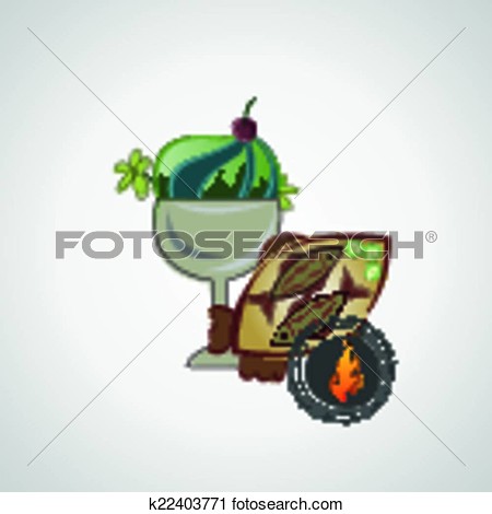 Vector Sketch Of Tasty Desserts And Fried Fish View Large Clip Art