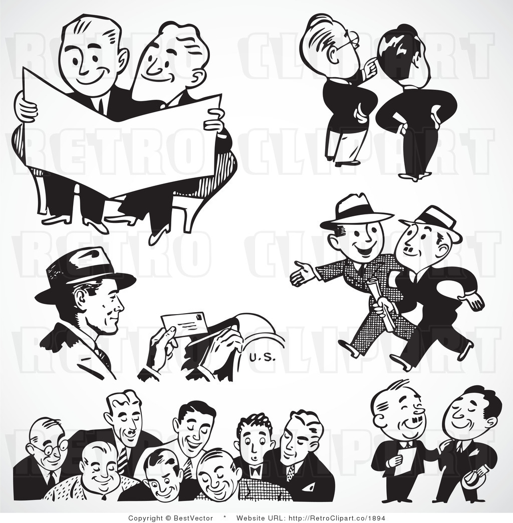 Black And White Retro Vector Clip Art Of A Collage Of Business People