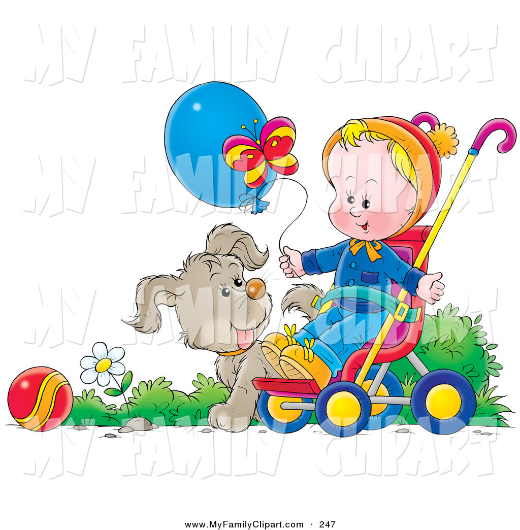 Clip Art Of A Cute Puppy Dog Walking Alongside A Baby In A Stroller