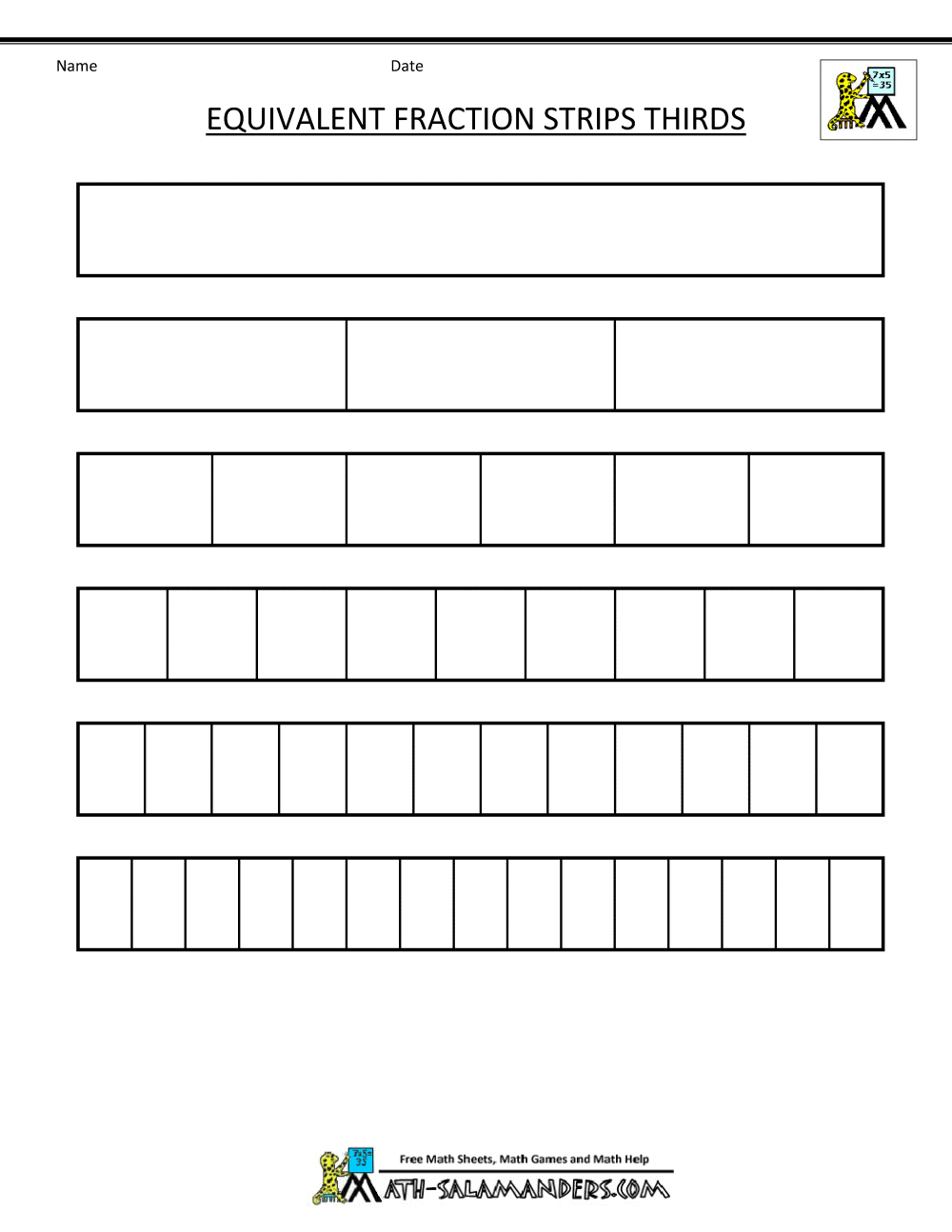 Fraction Strip Equivalent Fractions Thirds Blank