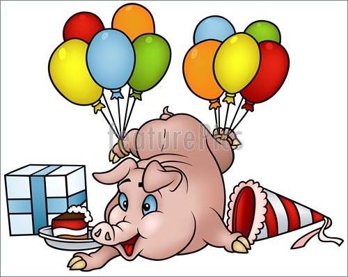 Pig With Balloons   Happy Birthday   Cartoon Illustration As Detailed
