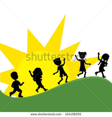 Silhouettes Children Walking Outdoor With Sun Background   Stock