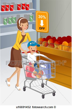 Art   Mom And Son Shopping For Groceries  Fotosearch   Search Clipart    