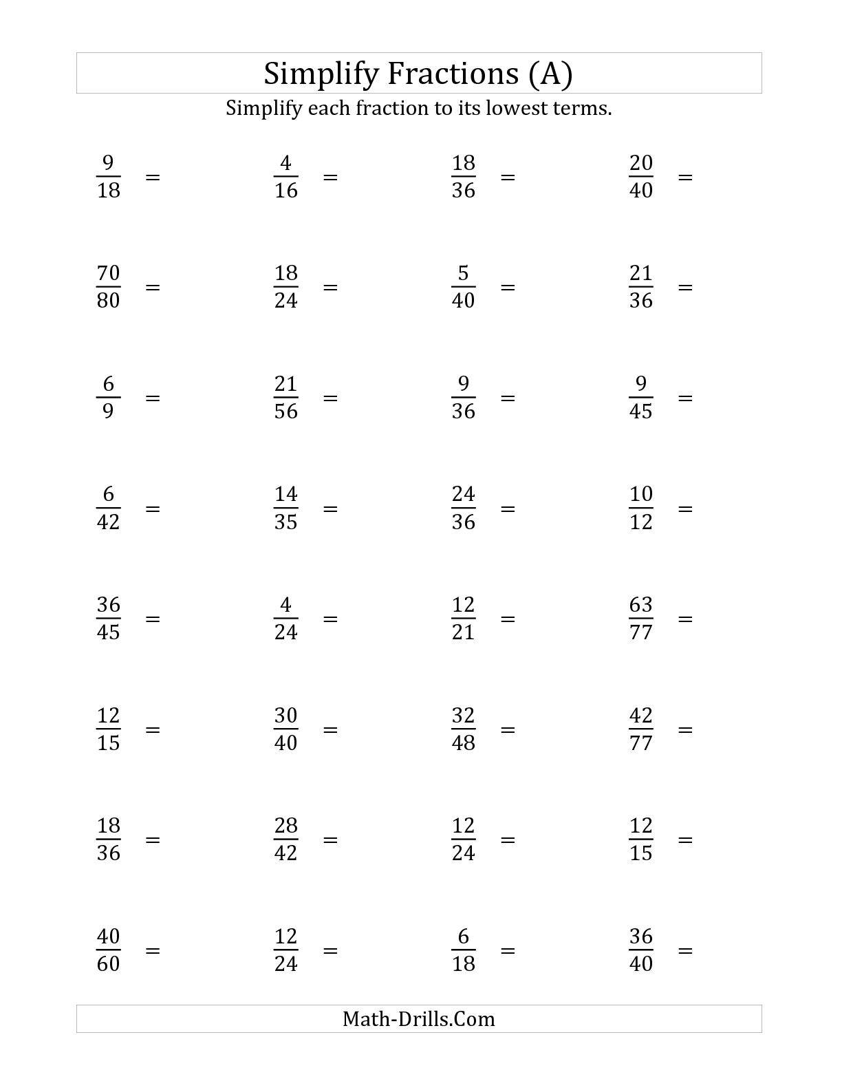Fractions To Lowest Terms  Harder Version   A  Fractions Worksheet