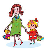 Mother And Child Shopping Funny Cartoon   Royalty Free Clip Art