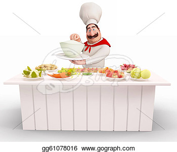 Chef Cooking With Lots Of Vegetable On The Table  Clipart Drawing