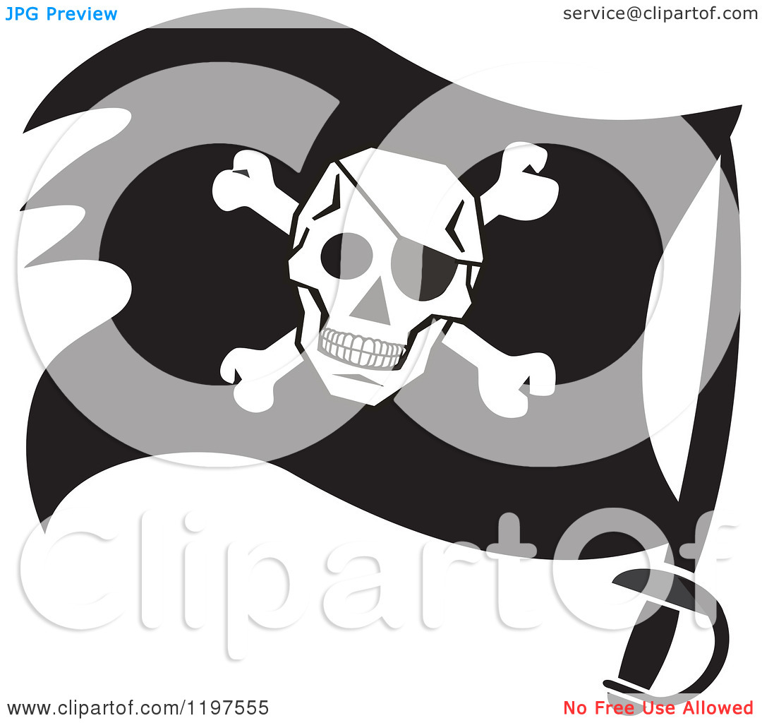 Clipart Of A Black And White Pirate Flag On A Sword   Royalty Free