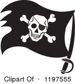 Clipart Of A Black And White Pirate Flag On A Sword Royalty Free