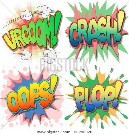Selection Of Comic Book Exclamations And Action Words Vroom Crash