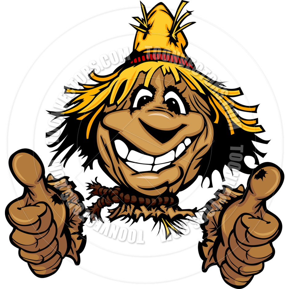 Thumbs Up Scarecrow Face With Straw Hat Cartoon Illustration By