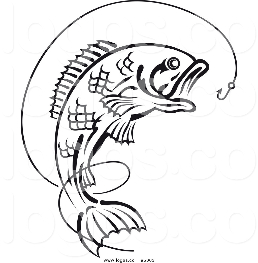 Black And White Leaping Fish And Hook Logo Green And Gray Trout Fish