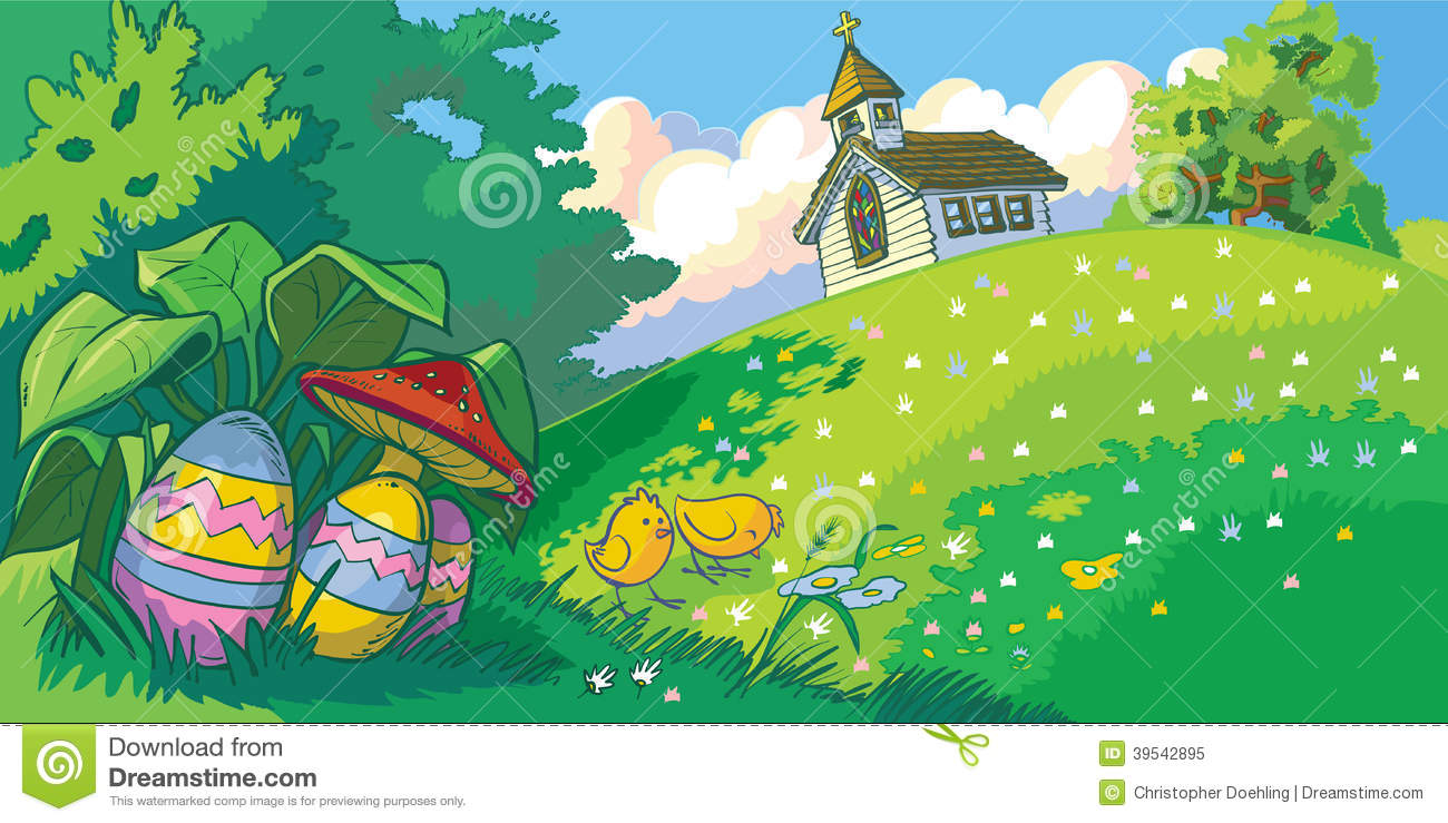 Easter Holiday Landscape Background With Church And Eggs Stock Vector