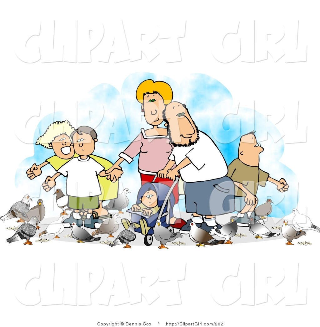 Larger Preview  Clip Art Of A Happy Family Of Six Feeding Pigeons By