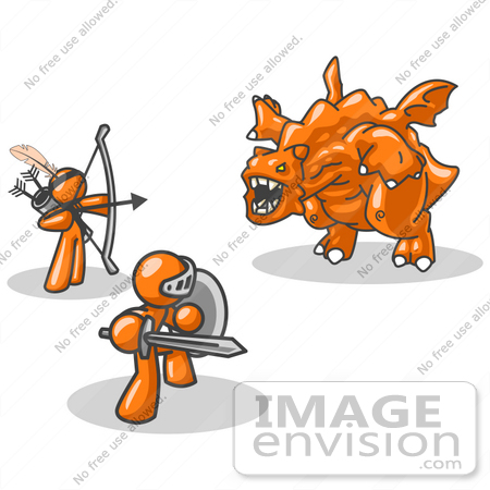 Clip Art Graphic Of An Orange Guy Characters Fighting Off A Dragon    