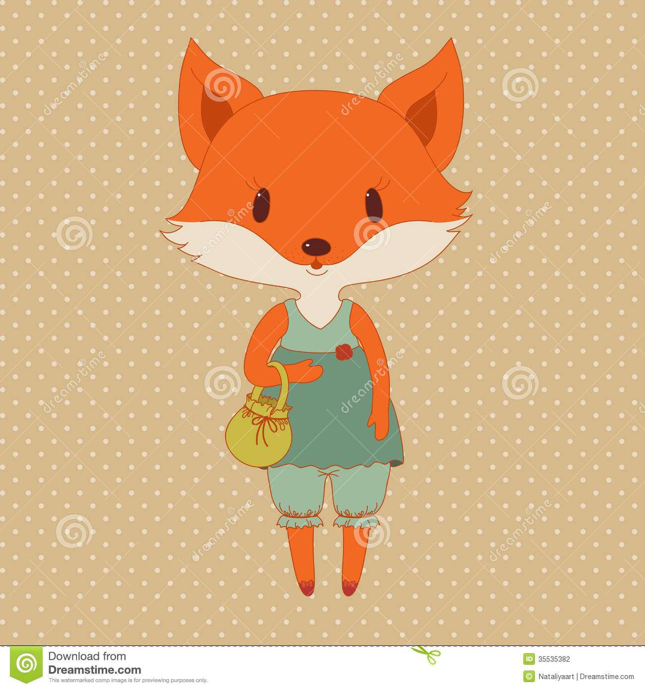 Illustration Of Cute Little Girl Fox In A Dress With A Handbag