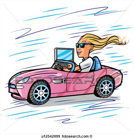 Illustration Of Side View Of Teenage Girl Driving Car Using Laptop