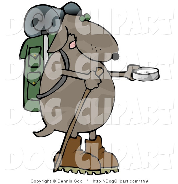 Clip Art Of A Spotted Brown Dog Using A Compass While Hiking