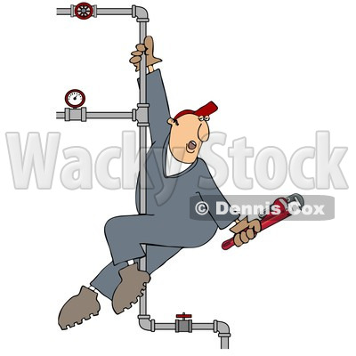 Clipart Male Plumber Playing On A Vertical Pole Of Pipes   Royalty
