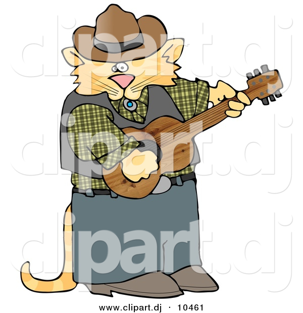Clipart Of A Cartoon Cowboy Cat Playing Acoustic Guitar By Djart    